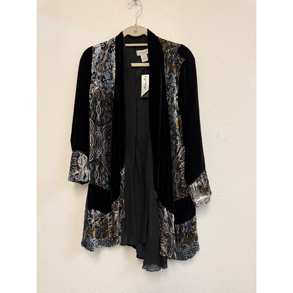 Aris A Women's Large Black Velvet Silk Burnout Long Duster Jacket Boho NWT